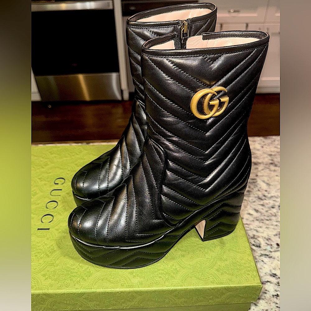 Gucci double GG gold Napa charlotte boot black leather platform bootie heel